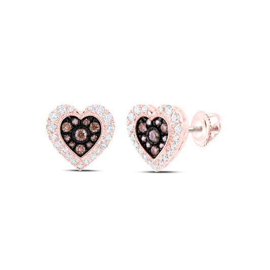 10K Yellow Or Rose Gold Womens Round Brown Diamond Heart Earrings