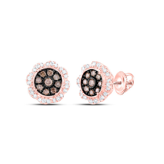 10K Yellow Or Rose Gold Womens Round Brown Diamond Cluster Earrings