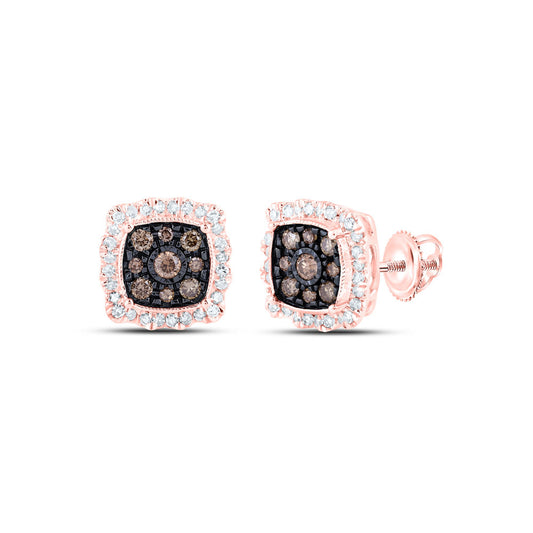 10K Yellow Or Rose Gold Womens Round Brown Diamond Square Earrings