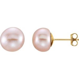 14K Yellow Gold Pearl Shape 8.0-9.0 Mm Freshwater Pink Cultured Pearl Earrings