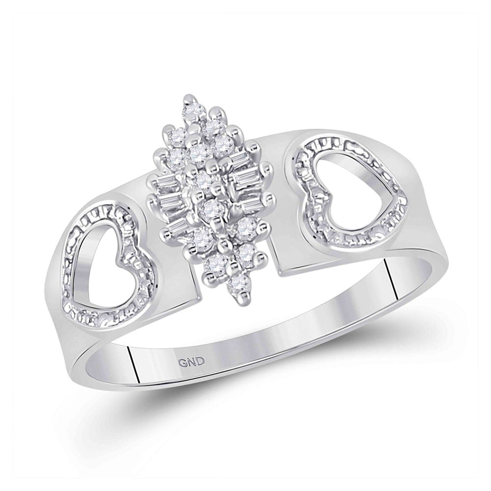 10K White Gold Womens Round Diamond Double Heart Cluster Ring 1/8 Cttw, Womens Size: 5-10