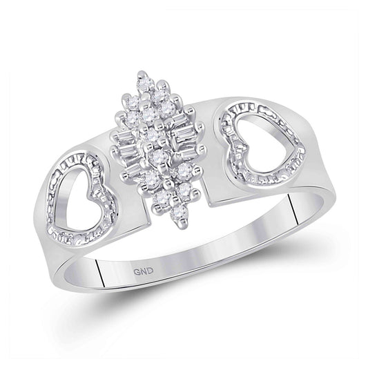 10K White Gold Womens Round Diamond Double Heart Cluster Ring 1/8 Cttw, Womens Size: 5-10