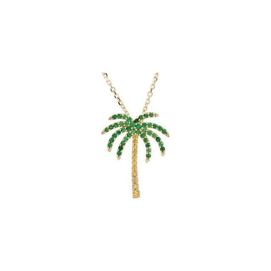 14K Yellow Gold 19 X 15.25 Mm 18 In Polished Natural Tsavorite Garnet And Natural Yellow Sapphire Palm Tree Necklace