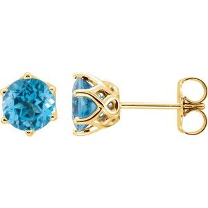 14K Yellow Gold Round 6 Mm Natural Swiss Blue Topaz Earrings With Backs