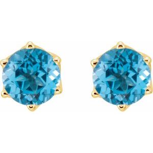 14K Yellow Gold Round 6 Mm Natural Swiss Blue Topaz Earrings With Backs