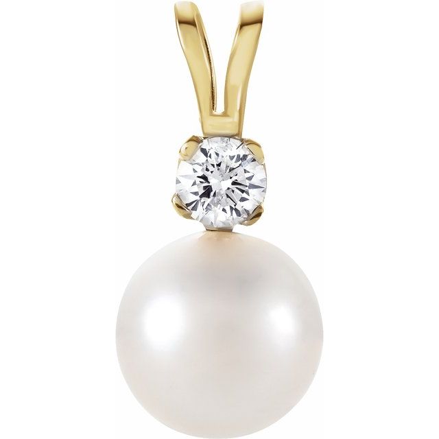 14K Yellow Gold 6Mm I1, G-H Polished Cultured White Akoya Pearl And .025 Ctw Natural Diamond Pendant