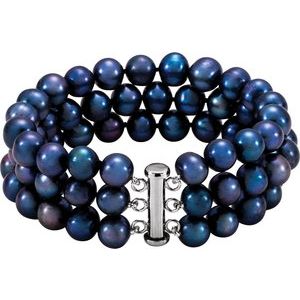 Sterling Silver Pearl 8.0-9.0 Mm  Cultured Black Freshwater Pearl Bracelet, Length: 7.25 In