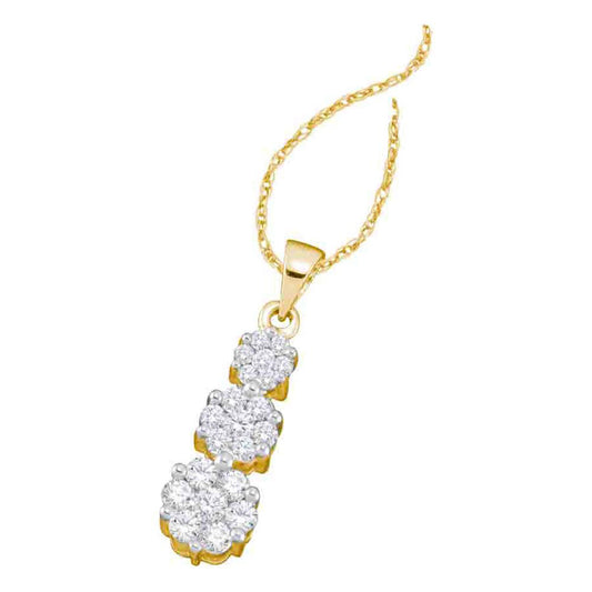 14K Yellow Gold Womens Round Diamond Triple Flower Cluster Pendant 1 Cttw, Length: 1.18 In, Width: 0.18 In