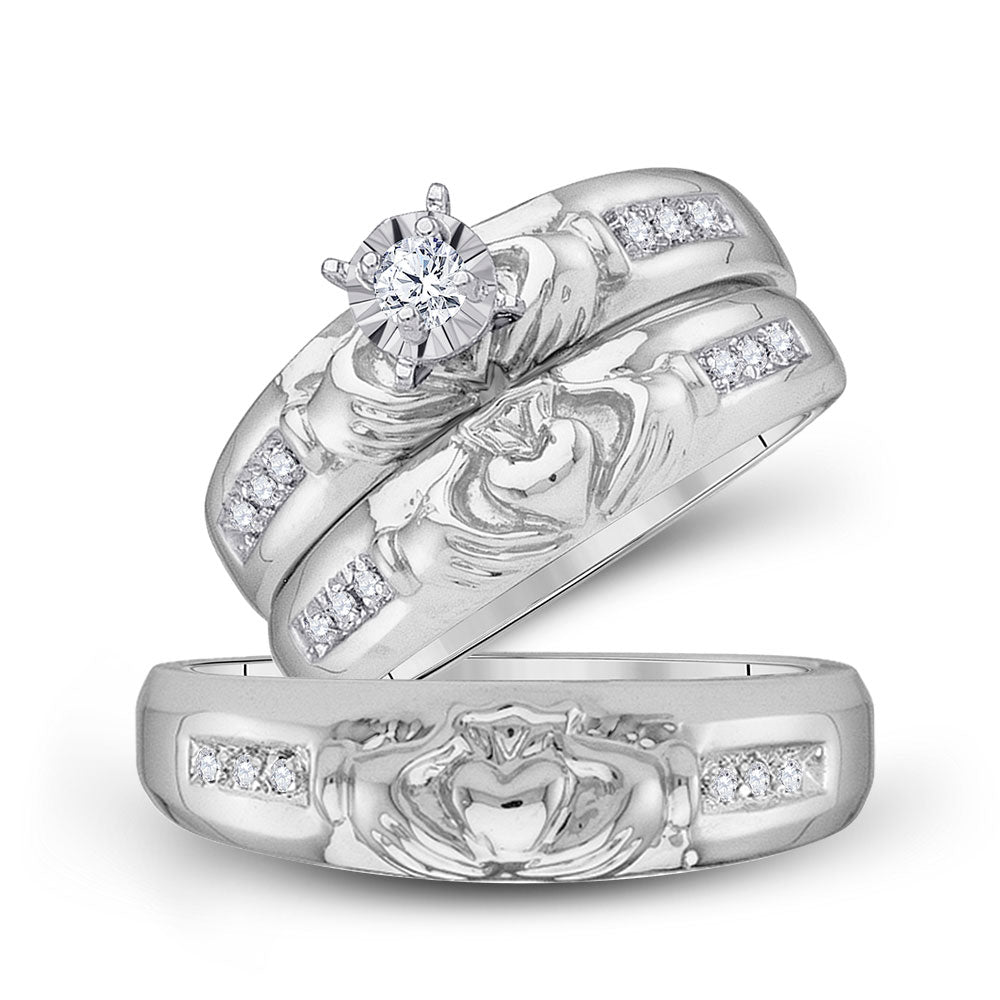 10K White Gold His Hers Round Diamond Claddagh Matching Wedding Set 1/8 Cttw, Womens Size: 5-10, Mens Size: 7-13