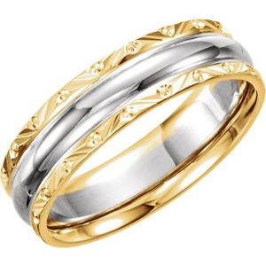 14K Yellow/White/Yellow Gold 6 Mm Polished Design-Engraved Comfort-Fit Band Size 6.5
