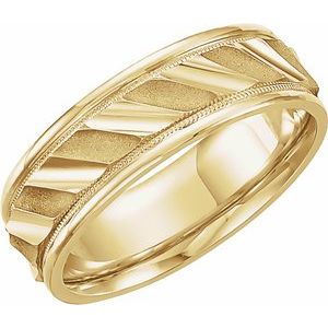 14K Yellow Or White Gold Or Sterling Silver Or Platinum 6.75 mm Milgrain Edge Diagonal Grooved Comfort-Fit Half Round Band