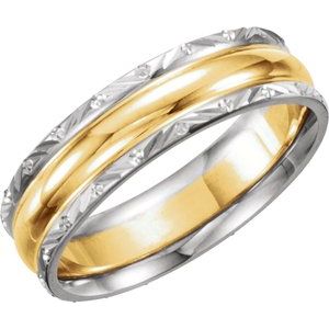 14K White/Yellow/White Gold 6 Mm Polished Design-Engraved Comfort-Fit Band Size 8