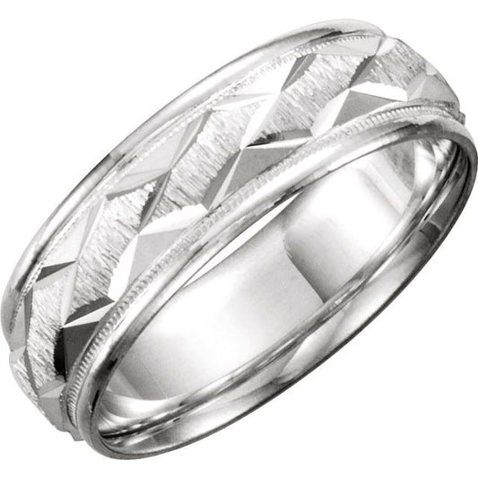 Continuum Sterling Silver 7 Mm Polished Milgrain Geometric Faceted Comfort-Fit Band With Satin Finish