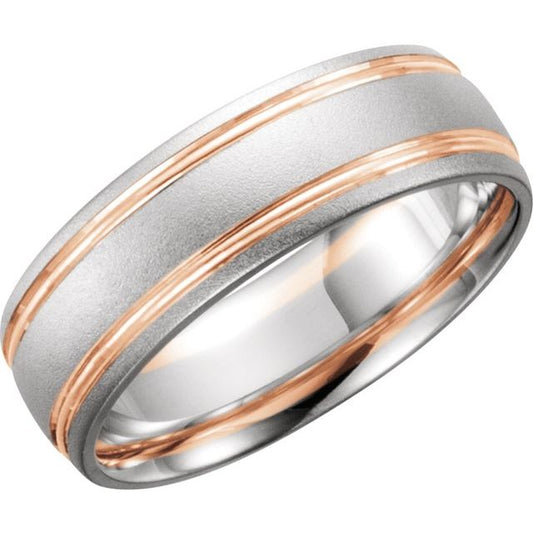 14K White/Rose Gold Polished Grooved Comfort-Fit Band With Bead Blast Finish, Size 14.5