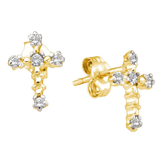 14K Yellow Gold Womens Round Diamond Cross Earrings 1/20 Cttw
