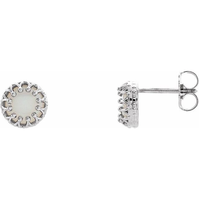 14K White Gold Round Pair 6 Mm Friction Bezel Polished Natural White Opal Cabachon Earrings