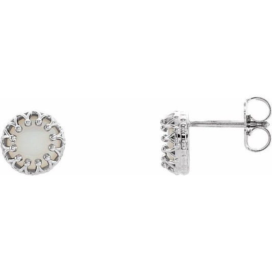 14K White Gold Round Pair 6 Mm Friction Bezel Polished Natural White Opal Cabachon Earrings