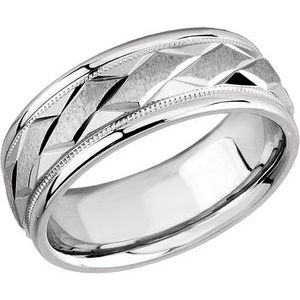 14K X1 White Gold 7 mm Milgrain Edge Geometric Faceted Comfort-Fit Half Round Band