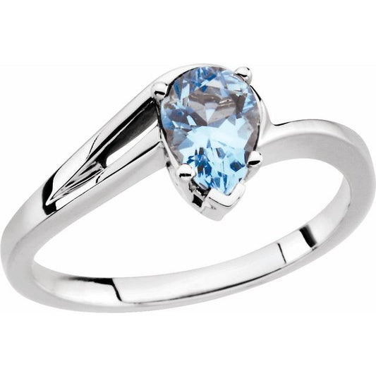 14K White Gold Pear 7 X 5 Mm Polished Natural Aquamarine Ring, Size 6