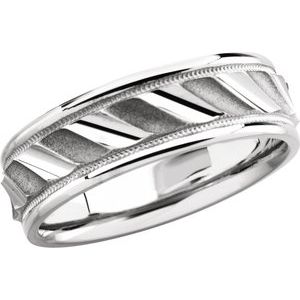 14K Yellow Or White Gold Or Sterling Silver Or Platinum 6.75 mm Milgrain Edge Diagonal Grooved Comfort-Fit Half Round Band