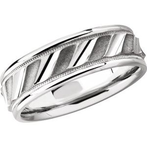 14K Yellow Or White Gold Or Sterling Silver Or Platinum 6.75 mm Milgrain Edge Diagonal Grooved Comfort-Fit Half Round Band