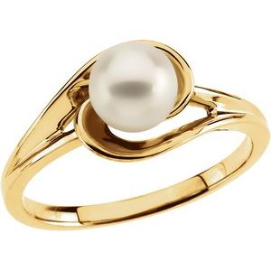 14K Yellow Gold Cultured White Akoya Pearl Pearl 6 Mm Polished Cultured White Akoya Pearl Ring Size 6