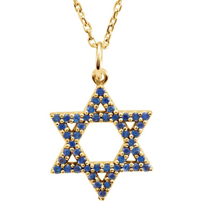 14K Yellow Gold Round 1 Mm 16 In Polished Blue Sapphire Star Of David Necklace