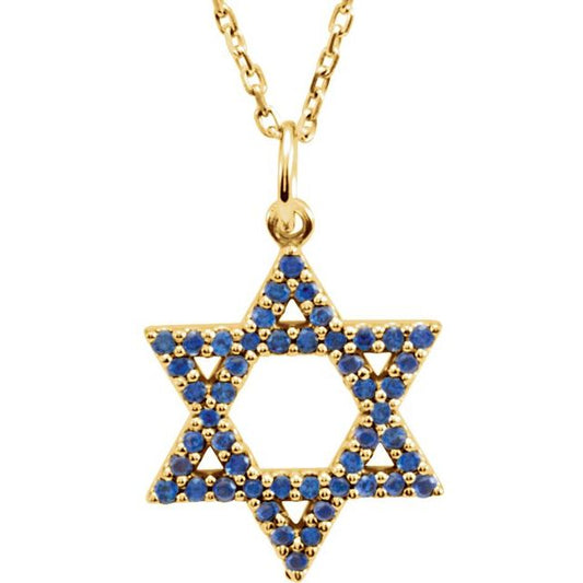 14K Yellow Gold Round 1 Mm 16 In Polished Blue Sapphire Star Of David Necklace