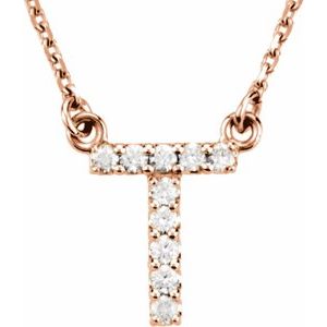 14K Rose Gold Initial T Round 1.3 Mm G-H I1 1/10 Ctw Natural Diamond Necklace, Length: 16 In