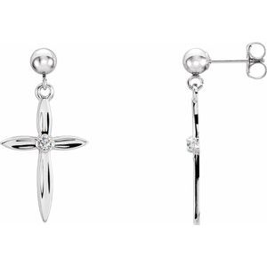 14K White Gold Round 1.7 Mm .04 Ctw Natural Diamond Cross And Ball Dangle Earrings