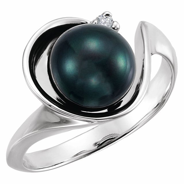 14K White Gold 8 Mm Polished Cultured Black Akoya Pearl And .03 Ct Natural Diamond Ring, Size 6