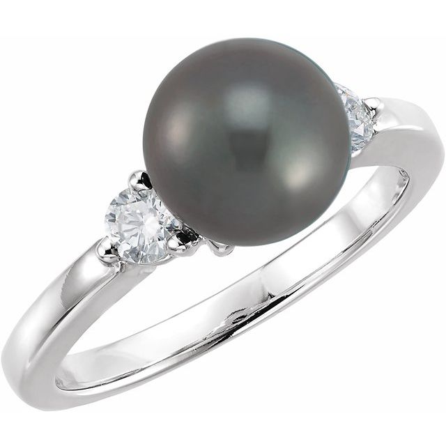 14K White Gold 8 Mm Polished Cultured Black Akoya Pearl And 1/4 Ctw Natural Diamond Ring, Size 6