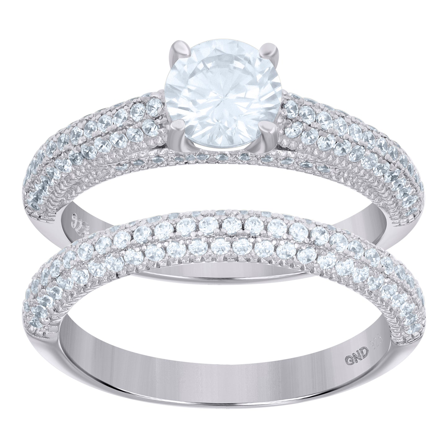 Sterling Silver Women's Cubic-Zirconia Duo Bridal Anniversary Wedding Engagement Band Ring Set