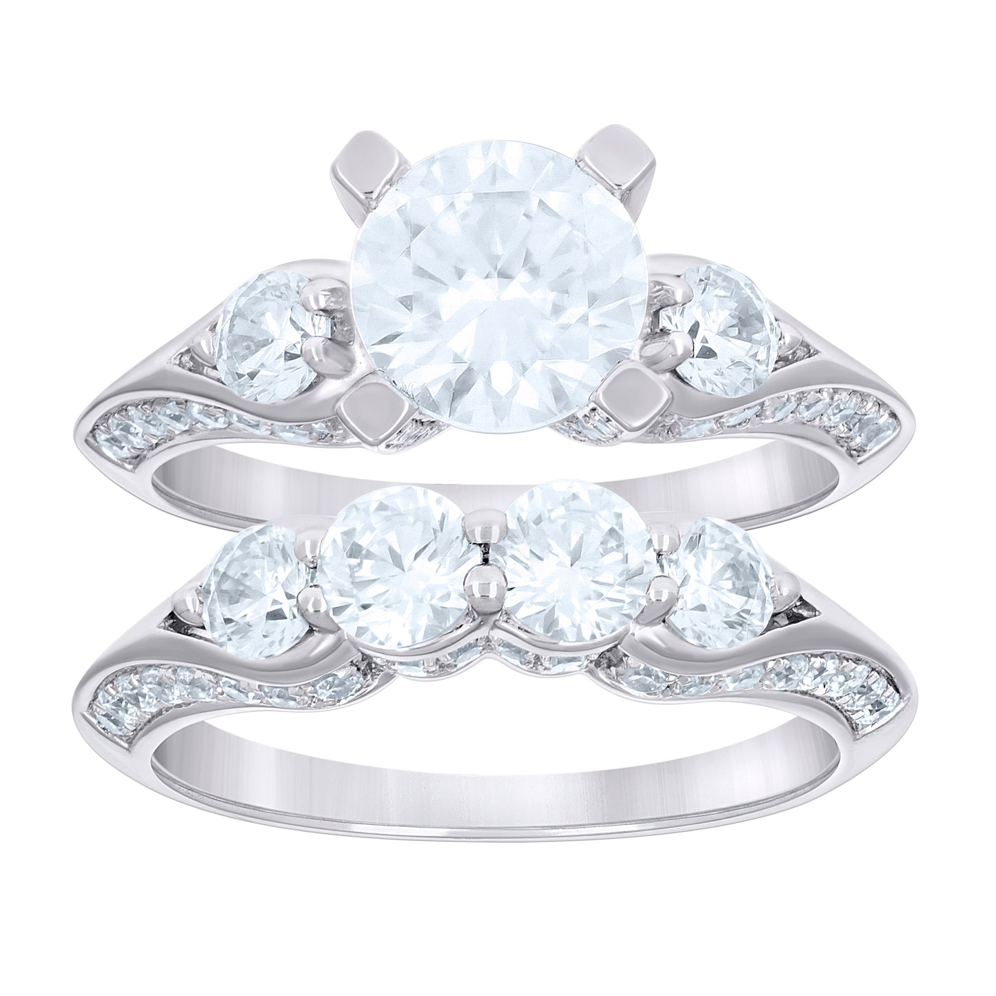 Sterling Silver Women's Cubic-Zirconia Duo Bridal Anniversary Wedding Engagement Band Ring Set