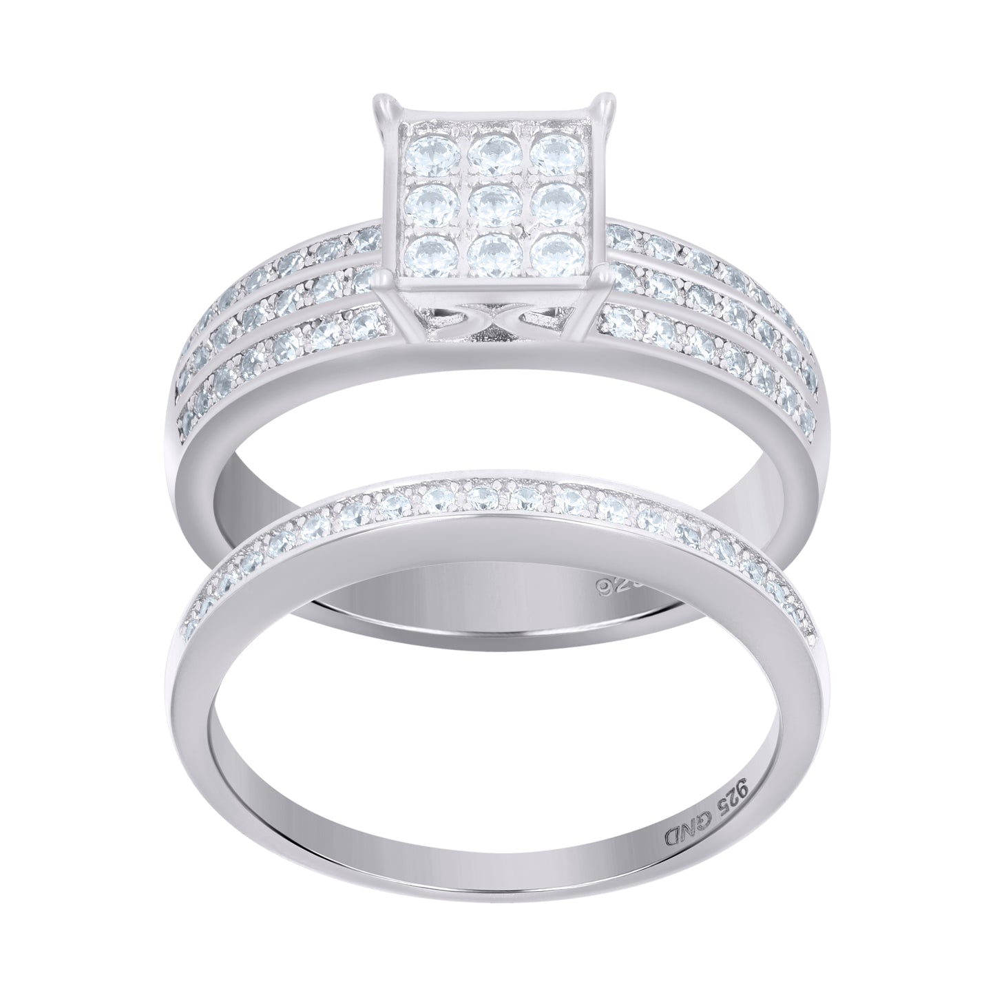 Sterling Silver Women's Cubic-Zirconia Duo Bridal Anniversary Wedding Engagement Band Ring Set