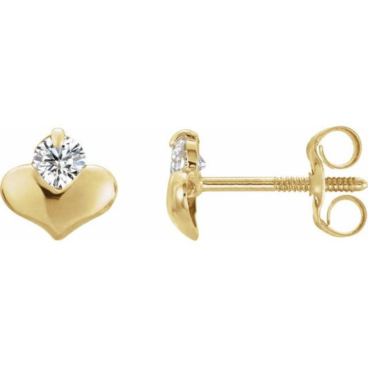 14K Yellow Gold Round 2.25 Mm Threaded 2-Prong Polished Imitation White Cubic Zirconia Heart Earrings