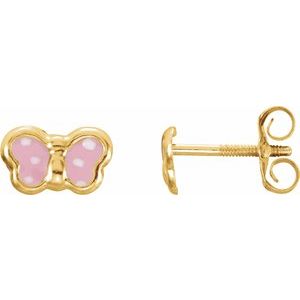 14K Yellow Gold 7 X 4 Mm Pair Threaded Backs Polished Pink Enamel Youth Butterfly Earrings