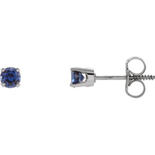 14K White Gold Round Pair 3 Mm Threaded 4-Prong Polished Natural Blue Sapphire Youth Earrings With Backs