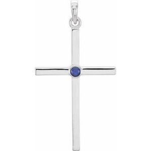 14K White Gold Round 2 Mm Natural Blue Sapphire Cross Pendant