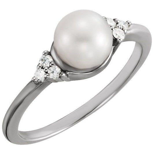 14K White Gold 6.5-7.0 Mm Polished Cultured White Freshwater Pearl And .09 Ctw Natural Diamond Ring, Size 7