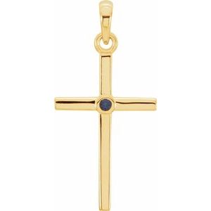 14K Yellow Gold Round 1.5 Mm Natural Blue Sapphire Cross Pendant