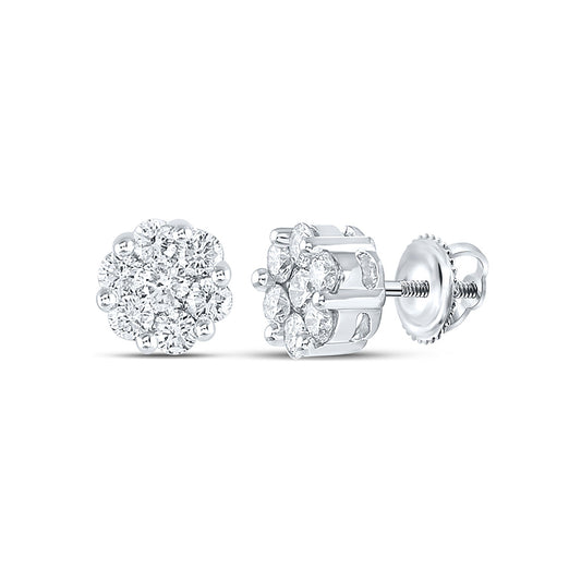 14K White Or Yellow Gold Womens Round Diamond Flower Cluster Earrings