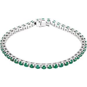 14K White Gold Round 3 Mm  Lab-Grown Emerald Line Bracelet, Length: 7 In