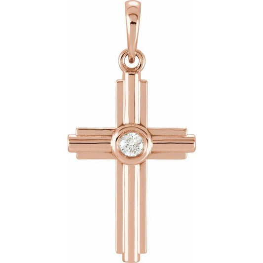 14K Rose Gold Round  2.5Mm I1, G-H Polished Natural Diamond Cross Pendant