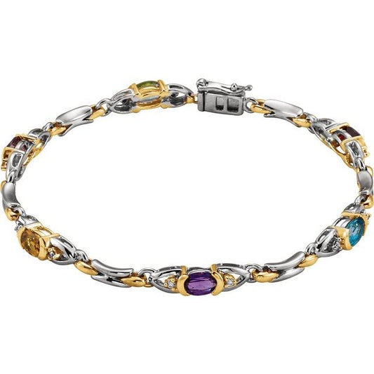 14K White/Yellow Gold Oval I1, G-H 7 1/2 In Polished Natural Diamond Accented Multi-Gemstone Line Bracelet