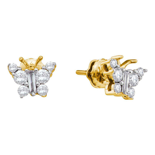 14K Yellow Gold Womens Baguette Diamond Butterfly Bug Earrings 1/2 Cttw, Length: 0.29 In, Width: 0.35 In