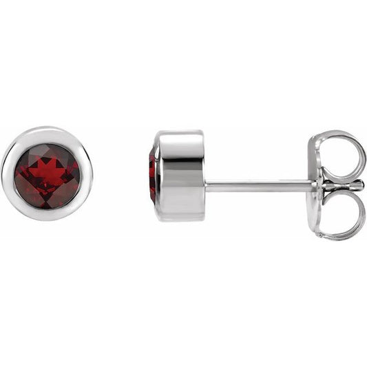 Rhodium-Plated Sterling Silver Round Pair 4 Mm Friction Bezel Polished Natural Mozambique Garnet Earrings With Backs
