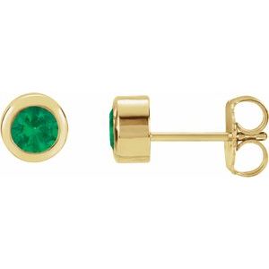 14K Yellow Gold Round Shape 4 Mm Lab-Grown Emerald Bezel Earrings With Backs