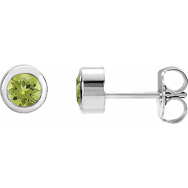 Rhodium-Plated Sterling Silver Round Pair 4 Mm Friction Bezel Polished Natural Peridot Earrings With Backs