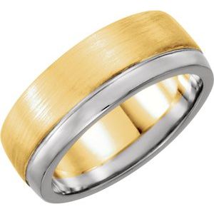 14K Yellow/White Gold Brush 6.75 Mm Polished Flat Edge Band Size 10